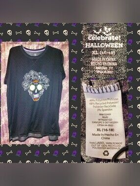 Way to Celebrate Blk Sugar Skull w/Flower Crown Print Soft Nightshirt XL(16-18)